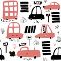 Seamless pattern with hand drawn cute car. Cartoon cars, road sign,zebra crossing illustration.Perfect for kids fabric,text