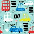 Seamless pattern with hand drawn cute car. Cartoon cars, road sign,zebra crossing illustration.Perfect for kids fabric,text