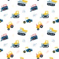 Seamless pattern with Hand drawn cute cars Truck, tractor, cargo crane, bulldozer, excavator.