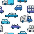 Seamless pattern of hand drawn cute cartoon cars for kids design. Vector illustration. wrapping, package, poster, web design, kids