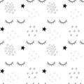 Seamless pattern with hand drawn cute eyes, stars and abstract elements in black and white colors