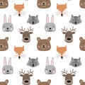 Seamless pattern of hand-drawn cute forest animals for kids. The image of a bear, fox, rabbit, deer, raccoon on a transparent back