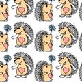 seamless pattern, hand-drawn cute funny hedgehogs with dandelions, for childre