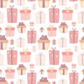 Seamless pattern of hand-drawn cute love gifts in pink shades. Vector image for Valentine`s Day, lovers, prints, clothes, textiles