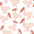 Seamless pattern with hand drawn cute pelicans