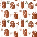Seamless pattern of hand drawn cute scandinavian red snowy houses and holly tree berries and branches