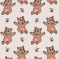 Seamless pattern, hand drawn cute smiling bears and bees on a beige background. Textile, kids bedroom decor Royalty Free Stock Photo