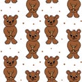 Seamless pattern, hand drawn cute smiling bears with honey and dots. Textile, wallpaper, cover, kids bedroom decor
