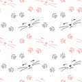 Seamless pattern, hand drawn cute smiling cat faces and paw prints, pink and gray. Textile, wallpaper, cover, kids bedroom decor