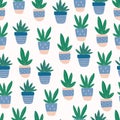 Seamless pattern with hand-drawn cute succulent in pot.