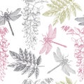 Seamless pattern with hand drawn dragonfly and wisteria flowers. Vector insects sketch. Vintage spring background. Botanical illus Royalty Free Stock Photo