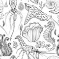 Seamless pattern with hand drawn deepwater living organisms. Black and white