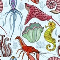 Seamless pattern with hand drawn deepwater living organisms