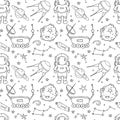 Seamless pattern with hand drawn different space objects. Royalty Free Stock Photo