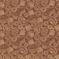 Seamless pattern with hand drawn doodle bakery products. Vector set of elements for menu design cake, teapot, croissant.