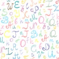 Seamless Pattern Hand Drawn Doodle Font. Children Drawings of Colorful Scribble Alphabet.