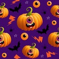 Seamless pattern with hand drawn doodle halloweens element on purple backgound. Halloween theme.