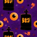 Seamless pattern with hand drawn doodle halloweens element on purple backgound. Halloween theme.