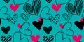 Seamless Pattern With Hand Drawn Doodle Hearts. Valentine&#x27;s Day Pop Art In Bright Trendy Retro Colors.