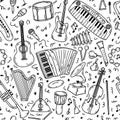 Seamless pattern with hand drawn doodle musical instruments. Vector sketch illustration set, black outline art