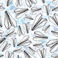 Seamless pattern with Hand drawn doodle paper airplane . Travel, aircraft on dotty background.