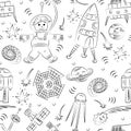 Seamless Pattern of Hand Drawn Doodle Spaceman, Spaceships, Rockets, Falling Stars, Planets and Comets. Sketch Style. Royalty Free Stock Photo