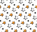 Seamless pattern hand drawn Doodle stars in vector. Starry sky in a simple children s style. Orange, black and white design. For