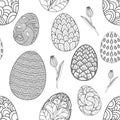 Seamless pattern with hand-drawn Easter eggs doodles c tulips. Vector background Royalty Free Stock Photo