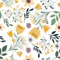 Seamless pattern with hand drawn elements, flowers and plants