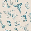 Seamless pattern of hand-drawn elements of pharmacy.