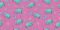 Seamless pattern with hand drawn elephant and floral vector illustration. pink background Royalty Free Stock Photo