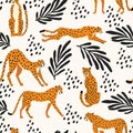 Seamless pattern with hand drawn exotic big cat cheetahs, with tropical plants and abstract elements on white background