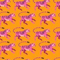 Seamless pattern with hand drawn exotic big cat tiger, in bright pink, on vibrant yellow background. Colorful flat vector