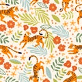 Seamless pattern with hand drawn exotic big cat tiger, with tropical plants, flowers and abstract elements on white background. Royalty Free Stock Photo