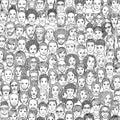 Seamless Pattern Of 100 Hand Drawn Faces, Black And White