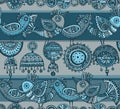 Seamless pattern with hand drawn fancy birds in ethnic style wit Royalty Free Stock Photo