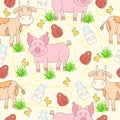 Seamless pattern with hand drawn farm animal and meat, milk, chicken, cow, pig, grass. Farm funny pattern. Animal background. Royalty Free Stock Photo
