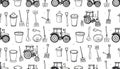 Seamless pattern of hand-drawn farm tools and tractors, simplist Royalty Free Stock Photo
