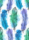 Seamless pattern of hand drawn feathers with boho pattern Royalty Free Stock Photo