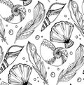 Seamless pattern of hand drawn feathers and seashells Royalty Free Stock Photo