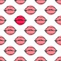 Seamless pattern with hand drawn female lips isolated on pink and red brush stroke background. Royalty Free Stock Photo