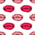 Seamless pattern with hand drawn female lips isolated on pink and red brush stroke background. Royalty Free Stock Photo