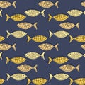 Seamless pattern with hand drawn fishes, doodle style. Silhouettes and contours, vector illustration on blue background Royalty Free Stock Photo