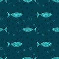 Seamless pattern with hand drawn fishes, doodle style. Silhouettes and contours, vector Royalty Free Stock Photo