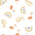 Seamless pattern with hand drawn flamingo, rainbow with text summer time