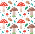 Seamless pattern with hand drawn flat mushrooms, fly agarics, foliage and polka dots on a white background. Vector texture Royalty Free Stock Photo