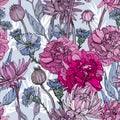Seamless pattern with hand drawn flowers and brunchs