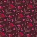 Seamless pattern with hand drawn folk flower ornament. Red botanic elements on dark maroon background with pink dots Royalty Free Stock Photo
