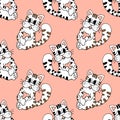 seamless pattern, hand-drawn funny cute striped cats with hearts, textile