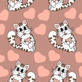 seamless pattern, hand-drawn funny cute striped cats with hearts, textile